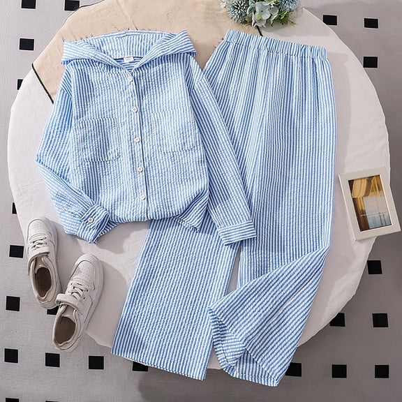 Angala 2 Piece Outfits For Girls Notch Neck Long Sleeve Striped Shirts With Loose Fit Pants Set Girls Autumn Daily Wear Clothes