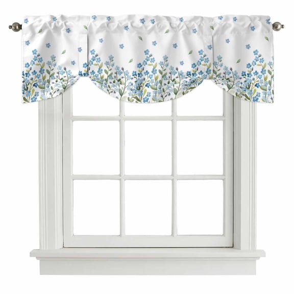 Spring Blue Flowers Tie Up Valance Curtains for Windows, Kitchen Curtains Window Treatments, Leaves Country Plants Farmhouse Short Window Shades Valances for Bedroom Bathroom Cafe 54"x18"