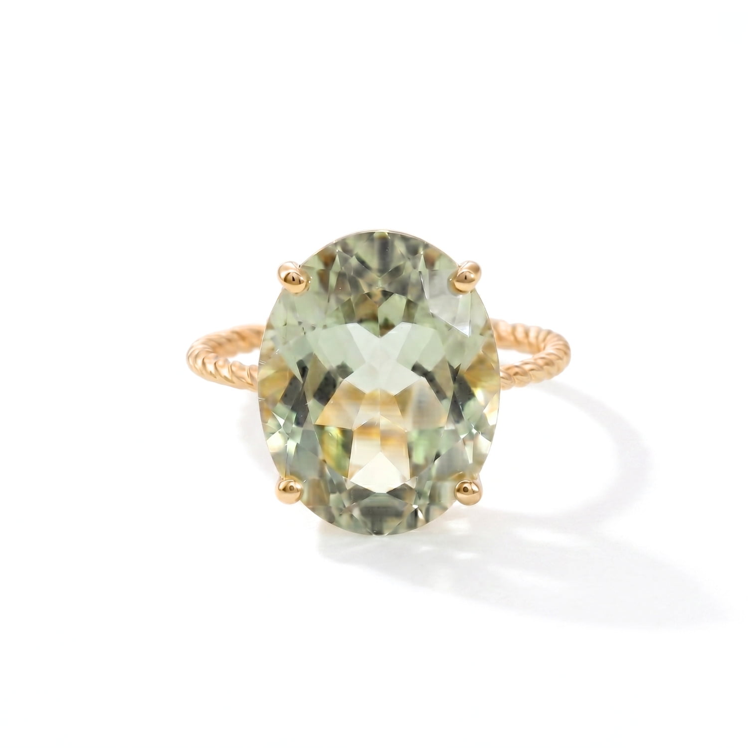Tilo Jewelry 14K Yellow Gold 6 Carat Green Amethyst Solitaire Oval Engagement Band Ring with Twist Rope Design | Size 7 | Natural Gemstone Statement Ring for Women & Unisex