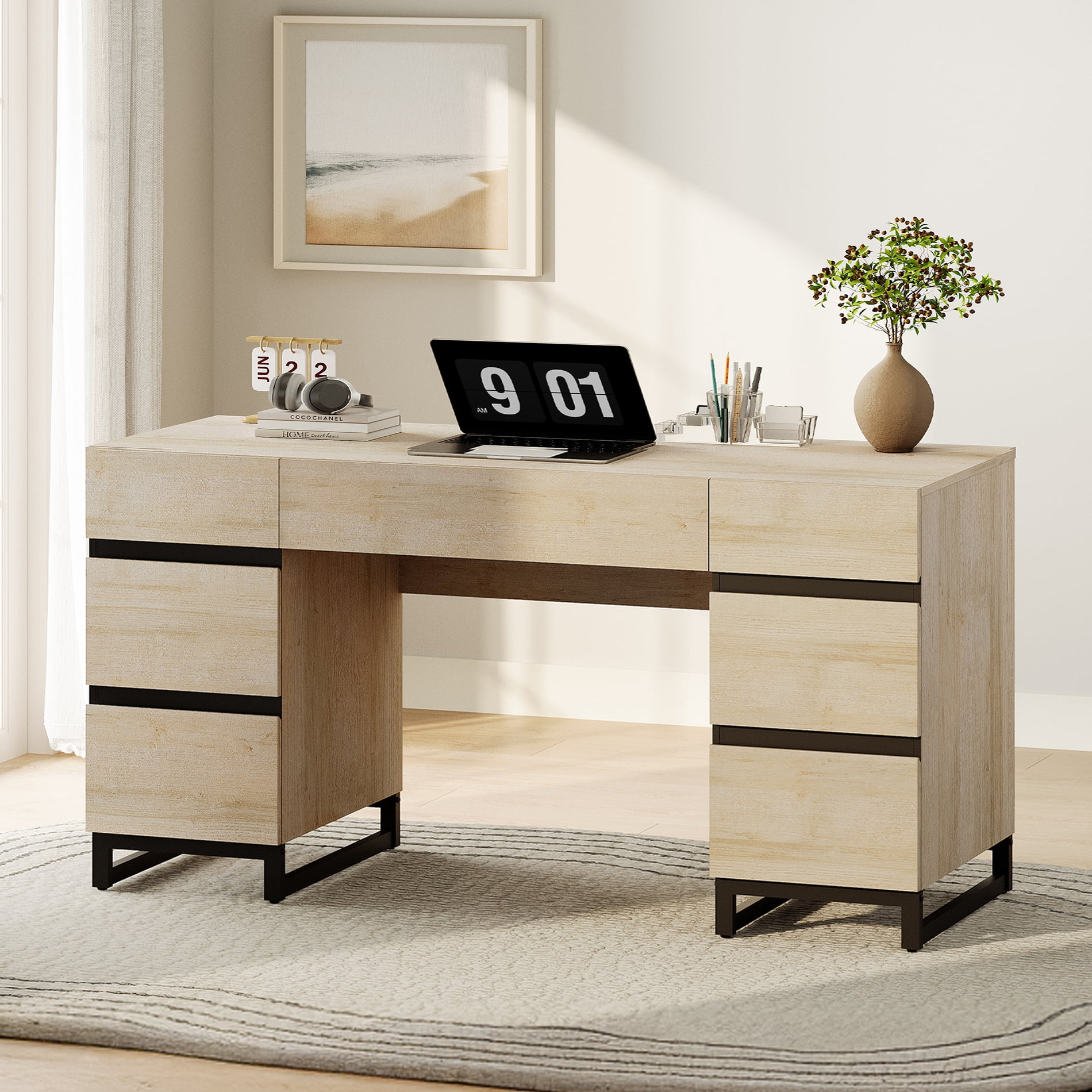 WAMPAT Office Furniture Set: 59in Modern Executive Desk with Charging Station & Drawers and Two 72in Tall Bookcases With 3 Tiers And 4 Cabinets,Home Office Furniture for Living Room, Beige