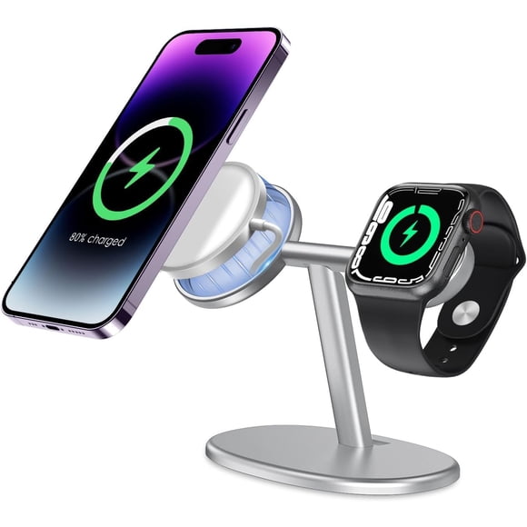 - Soporte de cargador Magsafe 2 en 1, aleación de aluminio, soporte para teléfono celular, coatible con iphone15/pro/pro Max, iPhone 14/13/12/Pro Max y Apple Watch 8/7/6/5/4-plata (cargador no