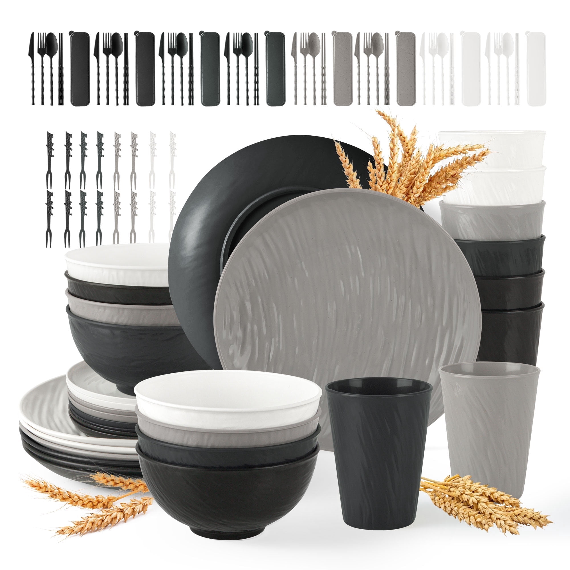 GPED 96 Pcs Imitation Rock Texture Wheat Straw Dinnerware Sets For 8, Unbreakable Plates and Bowls Sets, Plastic Dish Set, Travel Camping Cutlery Set, Dishwasher & Microwave Safe, Black & White