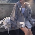 thumbnail image 3 of Ropa de mujer de talla grande, suéter con capucha de manga larga gris para niñas regordetas, abrigo de otoño para mujer, top holgado a la moda, 3 of 3