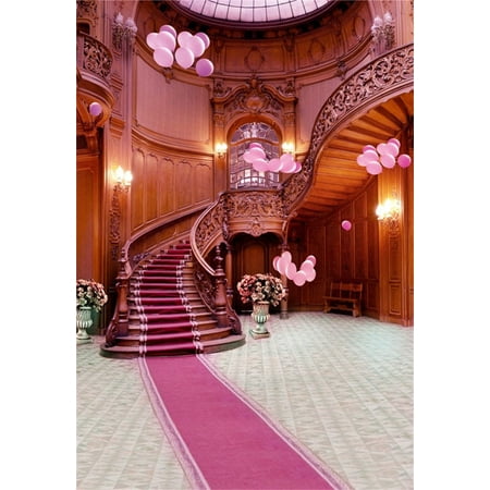 GreenDecor Polyester 5x7ft Backdrop Photography Background Interior Pink Carpet Stairway Vintage House Balloons Luxury Palace Portraits Background Photo
