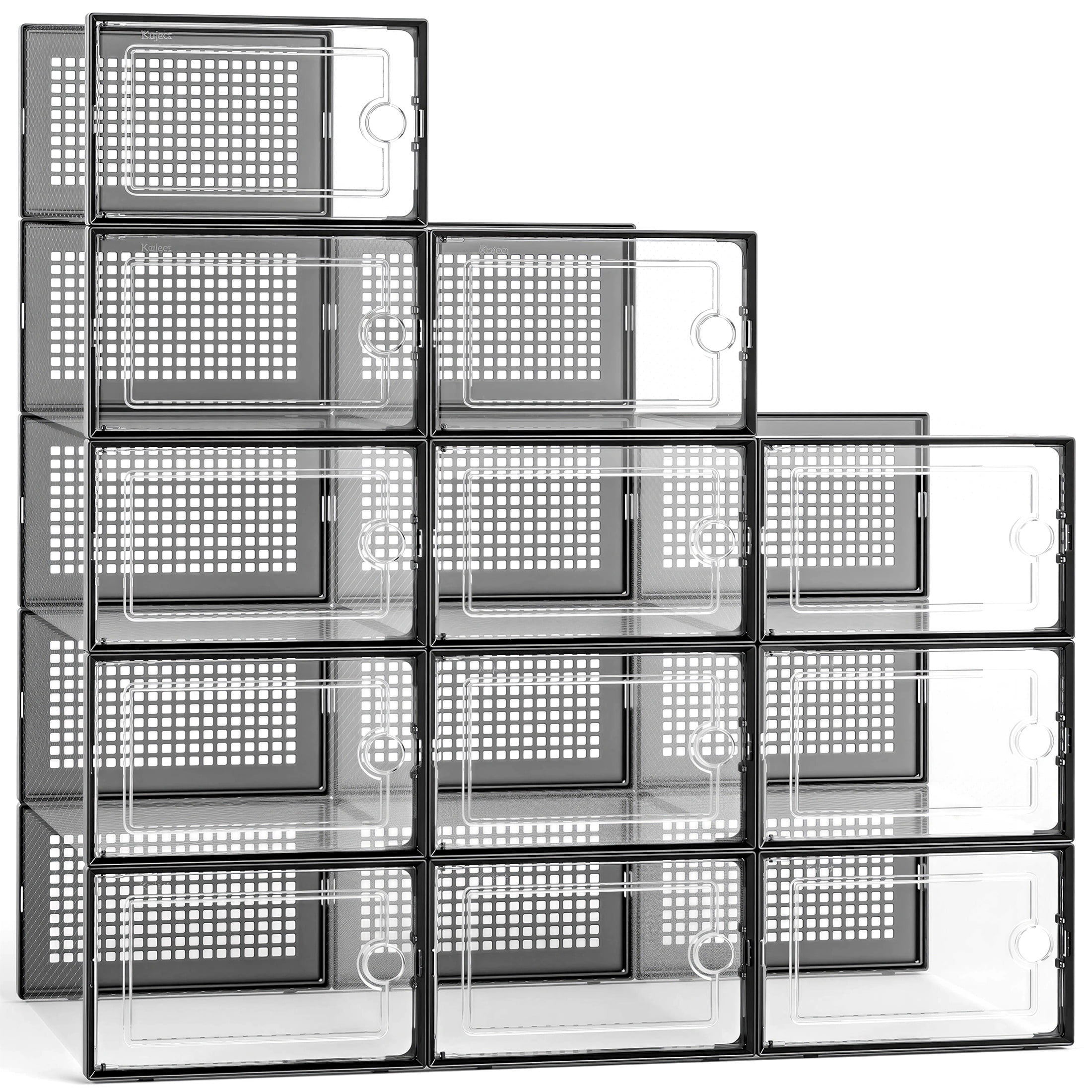 GARITIN Stackable Shoe Storage Boxes 12 Pack, Clear Plastic Sneaker Containers, Shoe Rack & Holder Substitute, Versatile Storage Bins for Closet, Entryway, Under Bed, Black