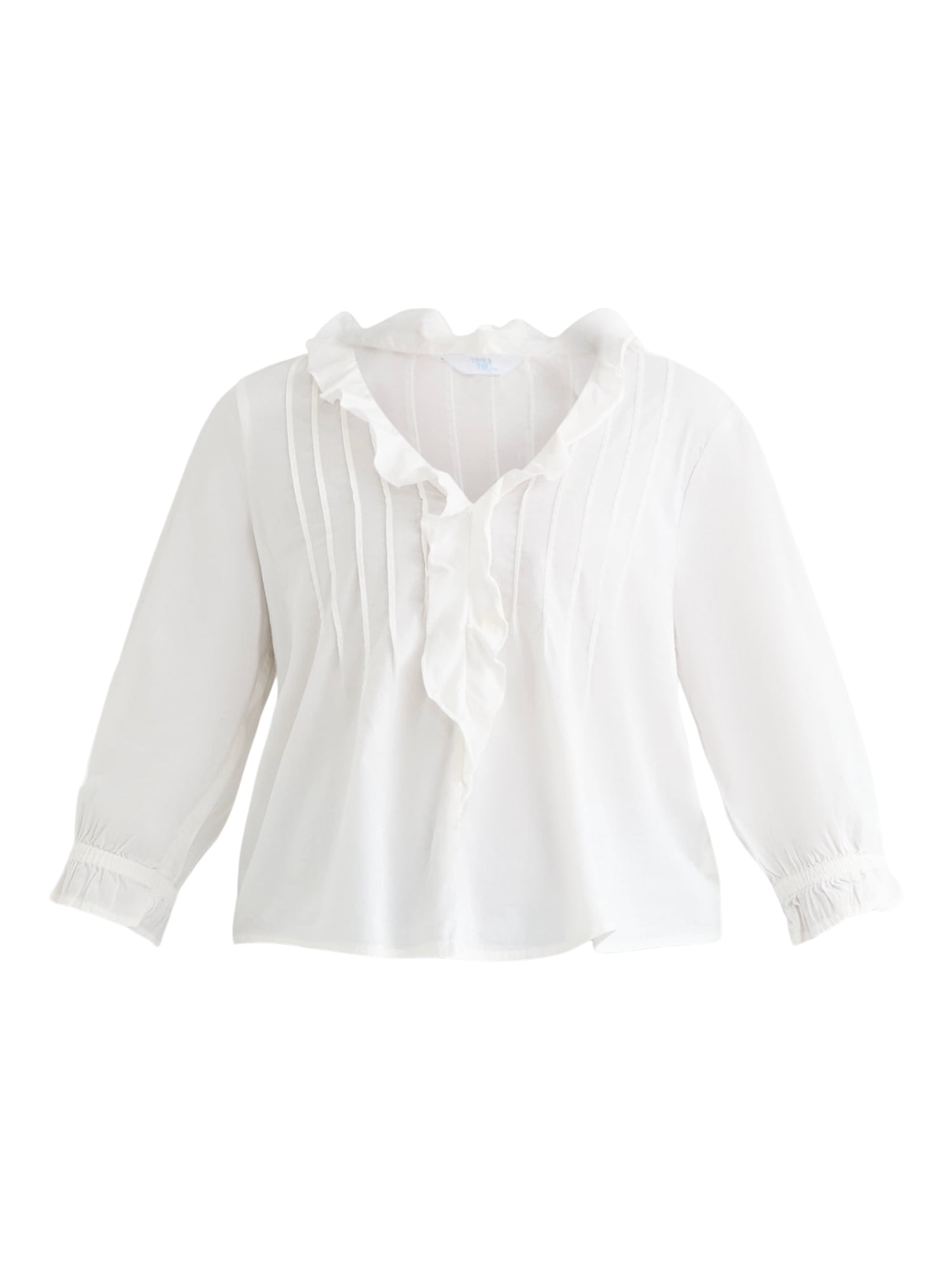 Time and Tru Women's Ruffle Neck Blouse with 3/4-Length Sleeves, Sizes XS-XXXL
