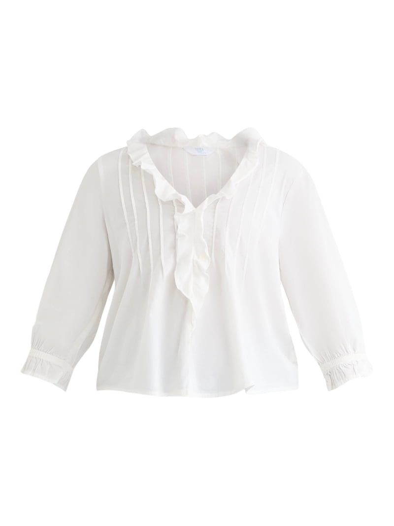 Time and Tru Women's Ruffle Neck Blouse with 3/4-Length Sleeves