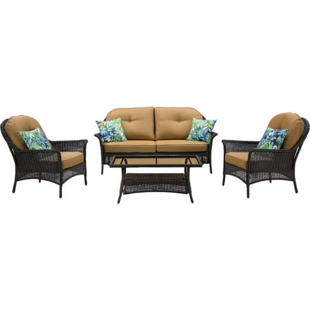 Betterliving Patio & Sunrooms Hanover Sun Porch 4-Piece Resin Lounge Set with Handwoven Loveseat, 2 Armchairs, Coffee Table, and Plush Navy Blue Cushions ()