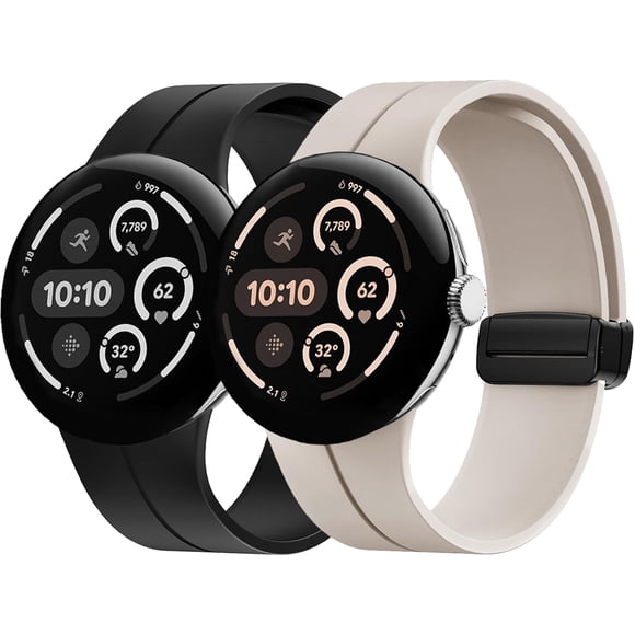 KOMI 2 Pack Soft Silicone Magnetic Sport Band Compatible for Google Pixel Watch 3 (45mm), No Gap Waterproof Adjustable Strap with Magnetic Buckle for Men Women Black+Starlight