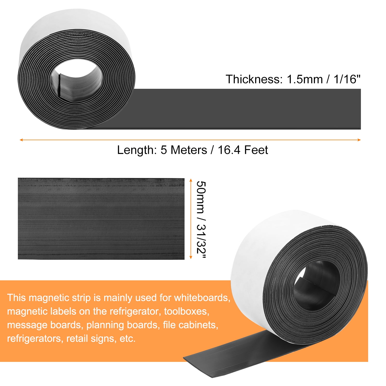 Uxcell Magnetic Strip 16.4 Feet x 1 31/32" Width x 1/16" Thick Magnetic Tape Labels Stickers