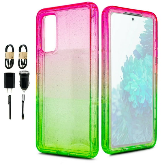 Value Pack ! for Samsung Galaxy S20 FE Glitter Bling Full Body Built In Screen Protector Phone Case PU Shock Bumper Scratch Guard Skin Wrap Slim Cover