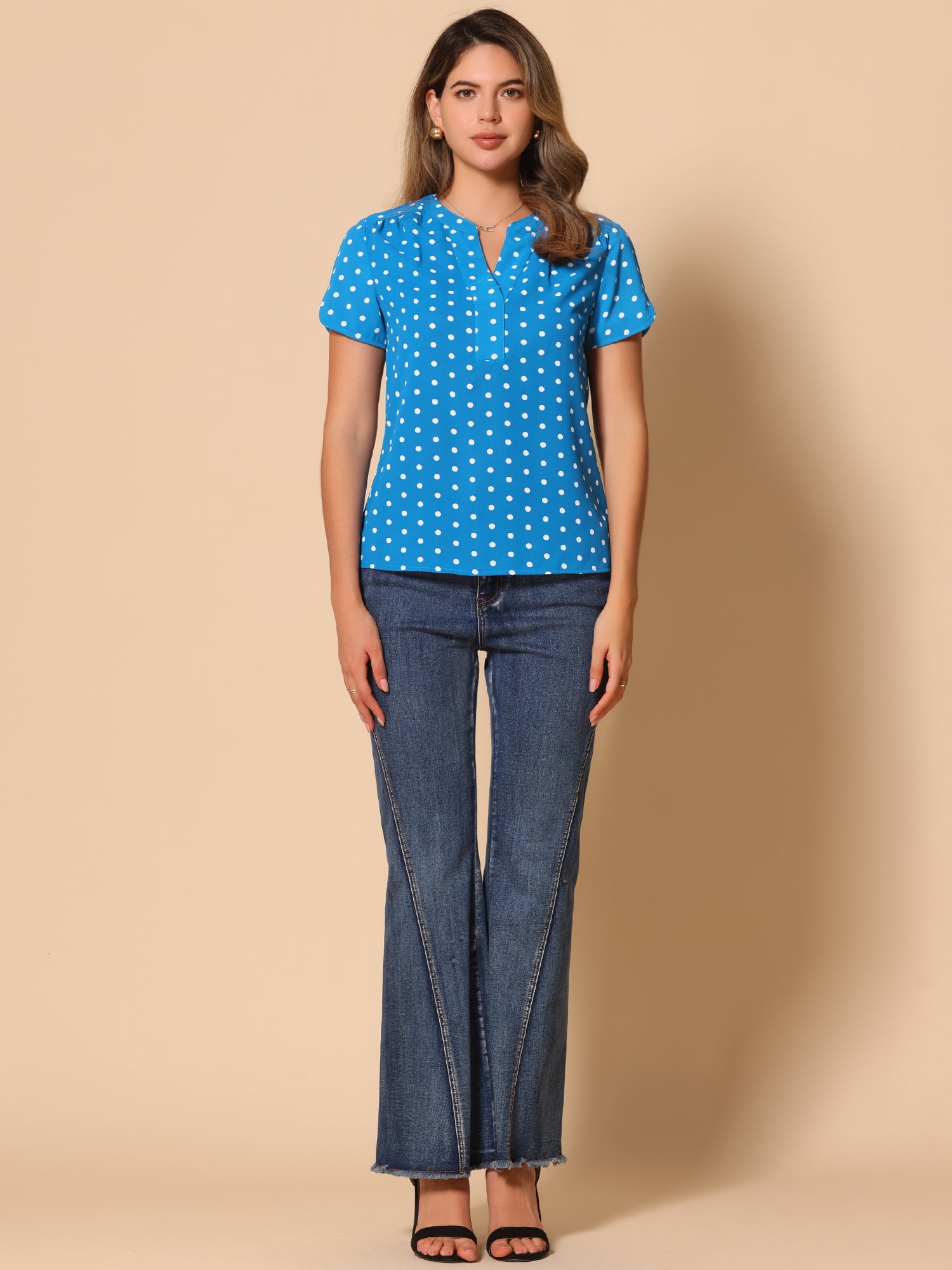 DARING DIVA V Neck Dots Printed Work Office Blouse Top M Sky Blue