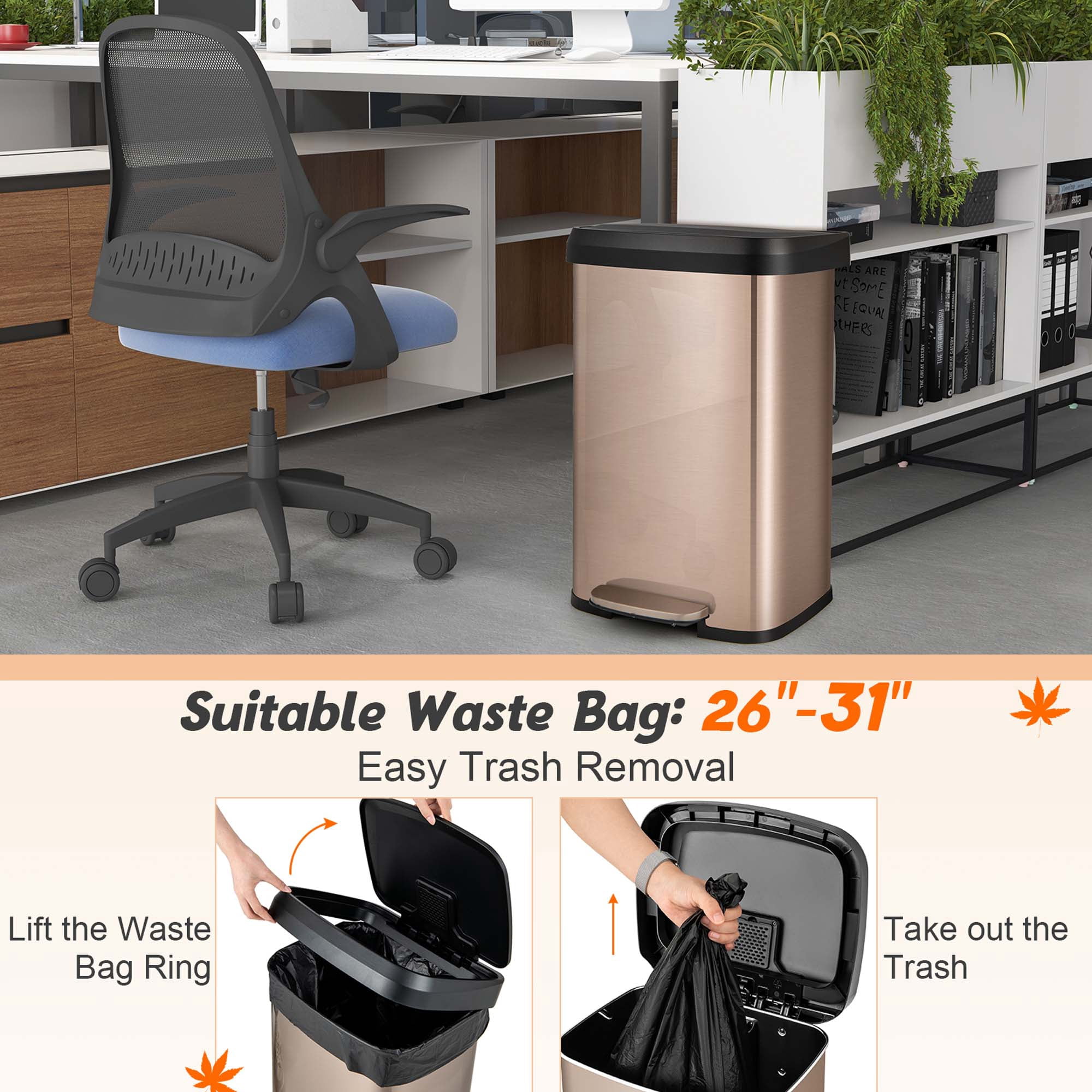 Costway 13.2 Gallon Step Trash Can Stainless Steel Airtight Garbage Bin for Home Kitchen Golden