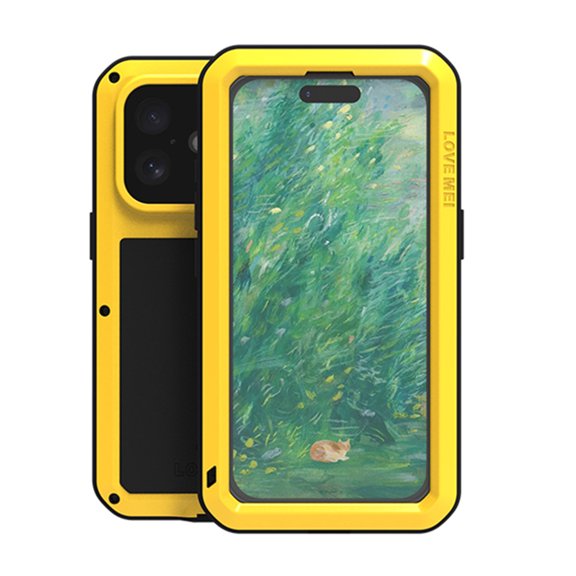 for iPhone 16 Metal Silicone Case, Heavy Duty Shockproof Rugged Case with Built-in Glass Screen Protector, 360 Full Body Protective Tough Phone Cover for iPhone 16, Yellow