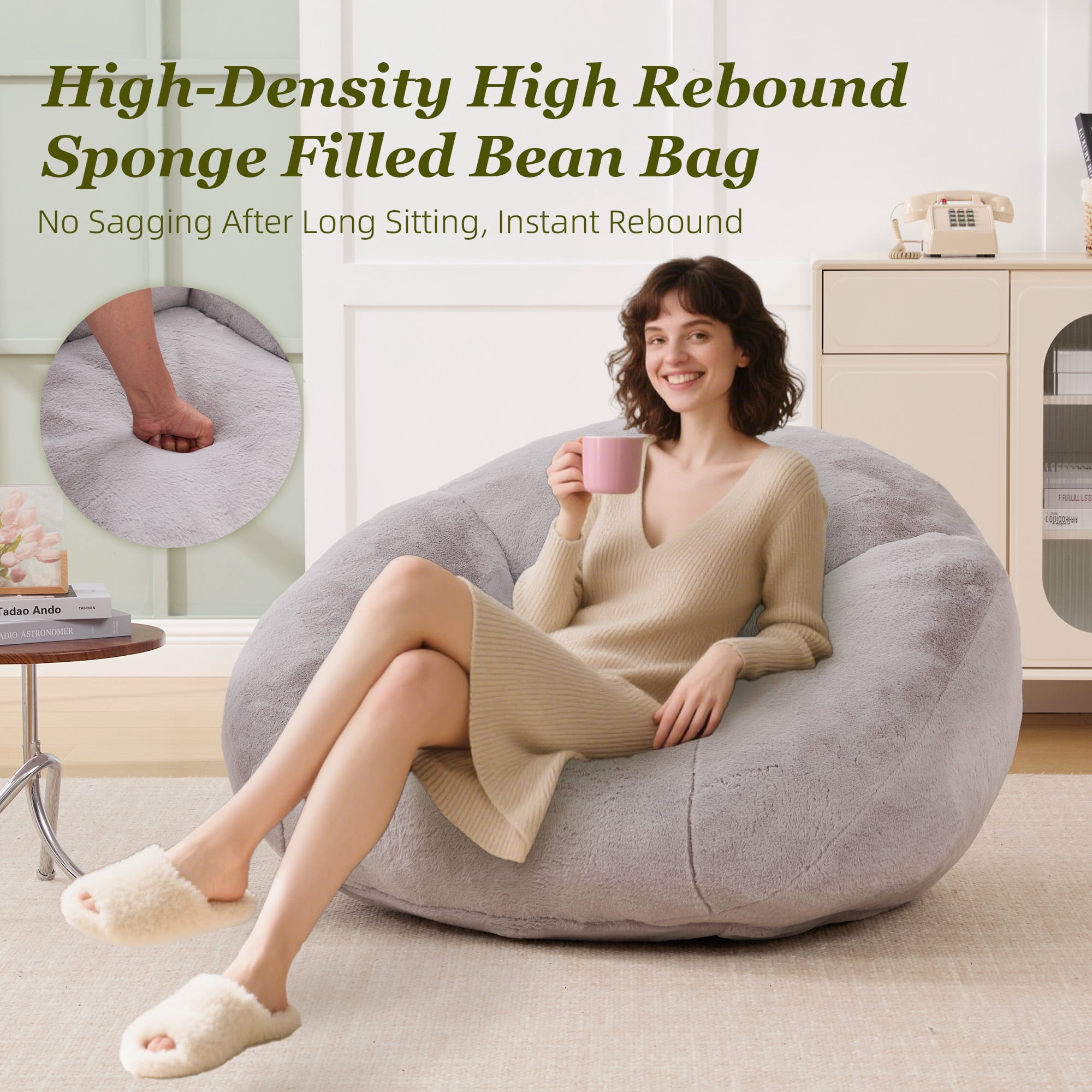 MOONMISS Bean Bag Chair for Adults & Teen,Floral Shaped Memory Foam Deep Sink-in Breathable Faux Fur Bean Bag Sofa,Easy to Clean for Living Room & Dorm,Light Gray