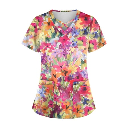 

HIMIWAY Summer Hot Shirts for Women Plus Size Cute Printed Scrub Working Uniform Tops For Women Cross V-Neck Short Sleeve Fun T-Shirts Workwear Tee With Pockets