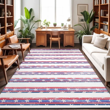 Rectangle Rug 3x5Ft July 4th American Star Stripe Soft Indoor Throw Rugs Carpets for Living Dining Bedroom Non-Slip Playroom Crawl Rug Floor Mats Red Blue Line USA Flag