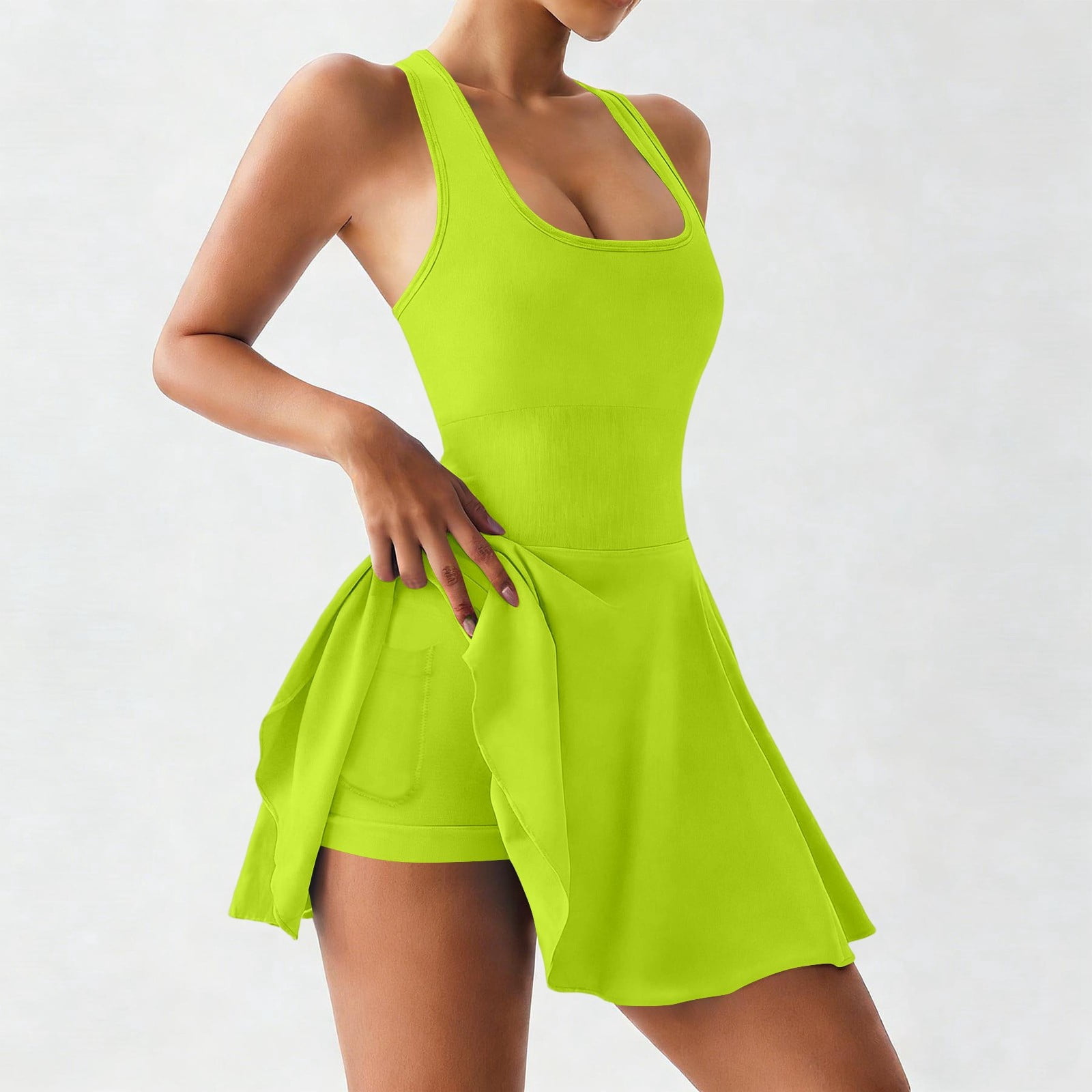 QHFBli Womens Mini Tennis Dresses Skort Summer Sleeveless One Piece Workout Romper Dress with Shorts Athletic 2026 Outfit