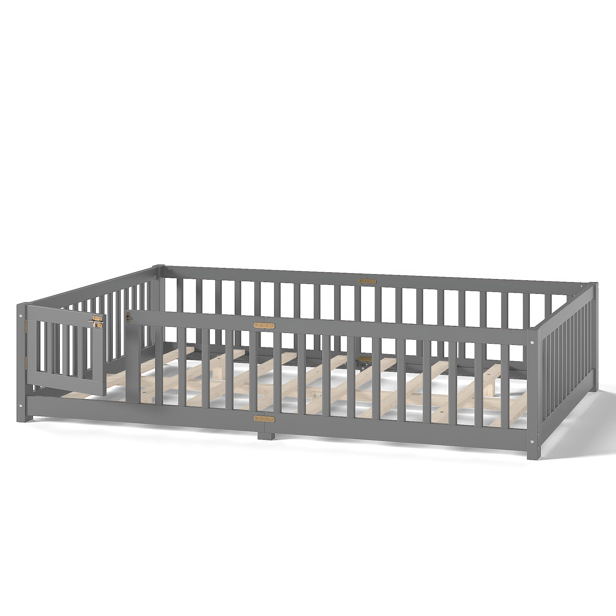 Queen Size Montessori Floor Bed with Rails, Wood Kids Floor Bed with Door and Slats Support, Toddler Bed Montessori Bed for Boys Girls, No Box Spring Needed Design