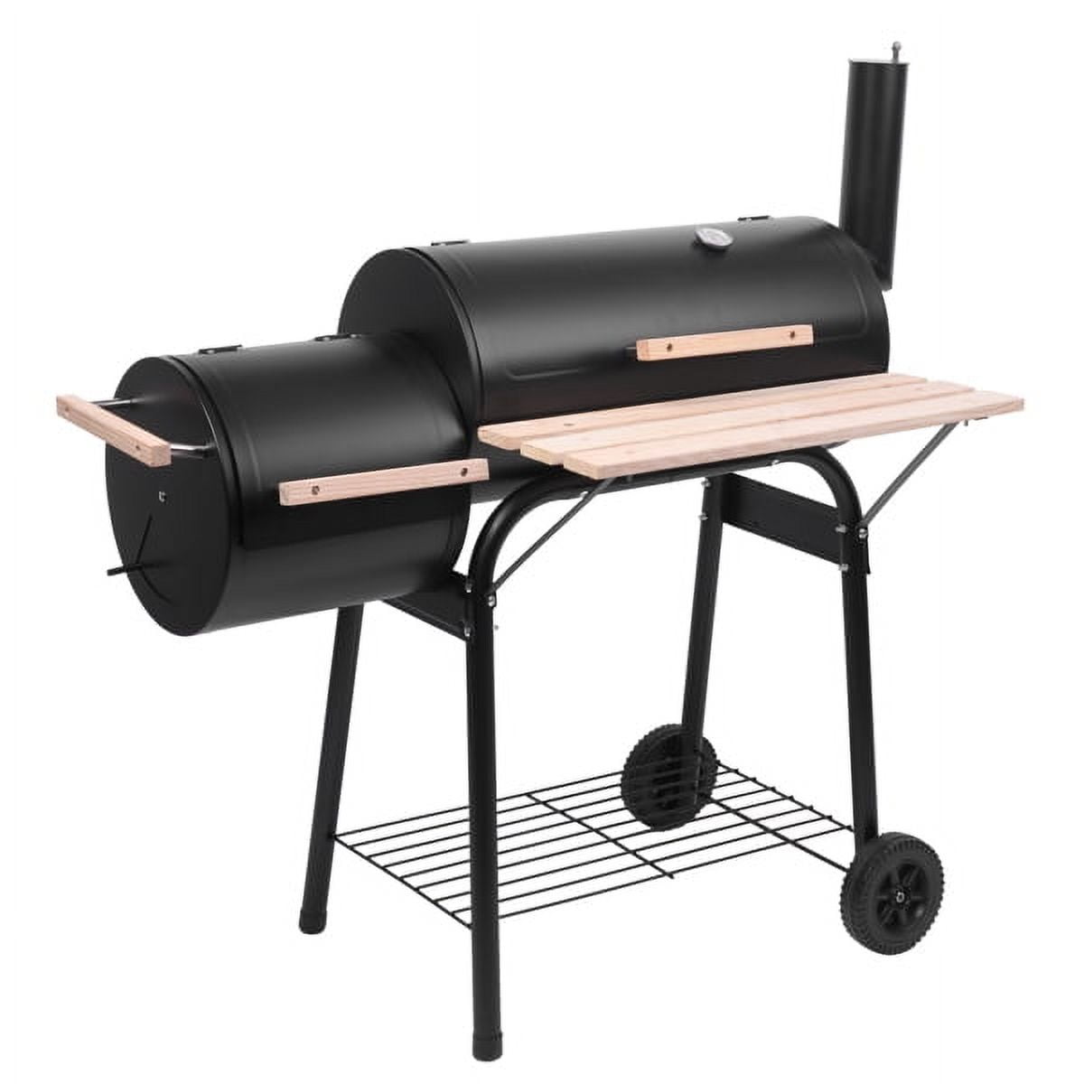 Oil Drum Charcoal Furnace, 12" Main & Side Smoker, 500-600°F High-Temp Paint, Portable with Wheels, Steel Construction