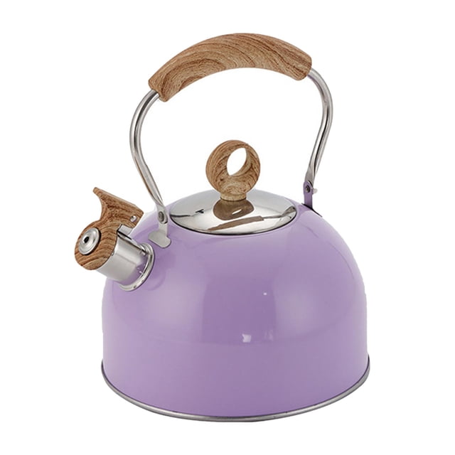 simhoa Tea Kettle for Stove Top 2.5L Easy Grip Making Coffee Stainless Steel Teapot. This whistling tea kettle features a 2.5L capacity, a stainless steel body with a reinforced bottom for even heat distribution, and a heat-insulating nylon handle with a wood grain design. The kettle is shown in a lavender finish with a snap-on spout and is compatible with electric, induction, and ceramic stoves.