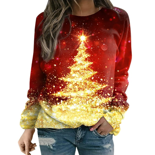 Chandail en Molleton de Noël Laid pour Femmes Mode 2022 Col Rond Graphique Drôle Chemises à Carreaux Renne Pull de Noël