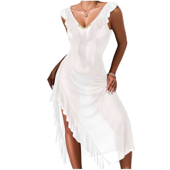 FRSASU Mesh Nightgown for Women Nightwear Sleeveless Backless See Through Chemise Ruffle Irregular V-Neck Sleep Dress White