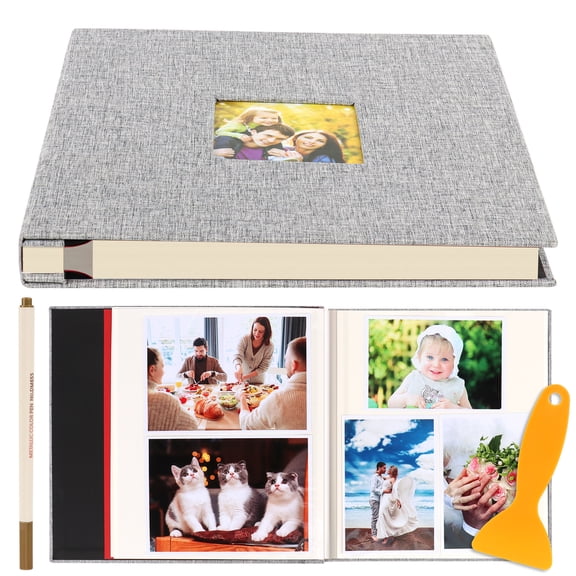 60 Pages Photo Album Self Adhesive, 11x10.6" DIY Scrapbook Album with Scraper and Metallic Pen, Grey Linen Cover with Picture Display Window, Photo Albums for 4x6 5x7 8x10 Pictures for Wedding Birthd