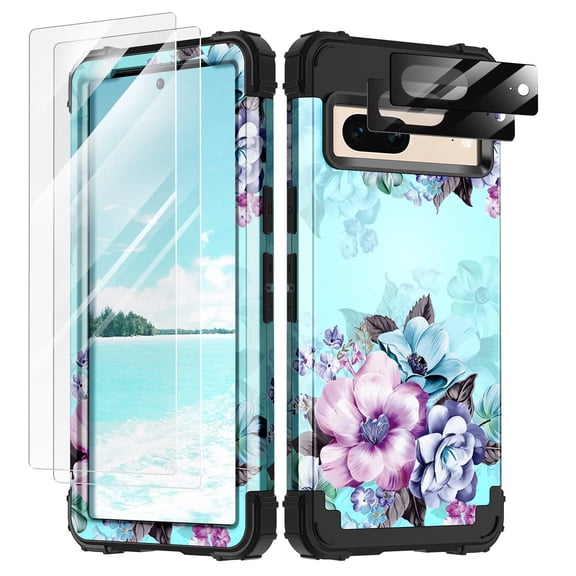 Casetego for Google Pixel 7 Case,with 2 Pack HD Soft Screen Protector 2 Tempered Glass Camera Lens Protector,Floral Shockproof Protective Cover for Women Girls,Blue Flower