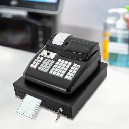 Electronic POS Cash Register with LED Display & Drawer 47-Key Commercial Cash Management System High-Speed Tabletop Billing for Retail Stores&Shops-Black$$Office