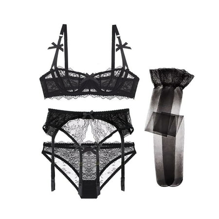 

Women s Sexy Lace Embroidery Bra Underwire Balconette Bra Set 4 piece