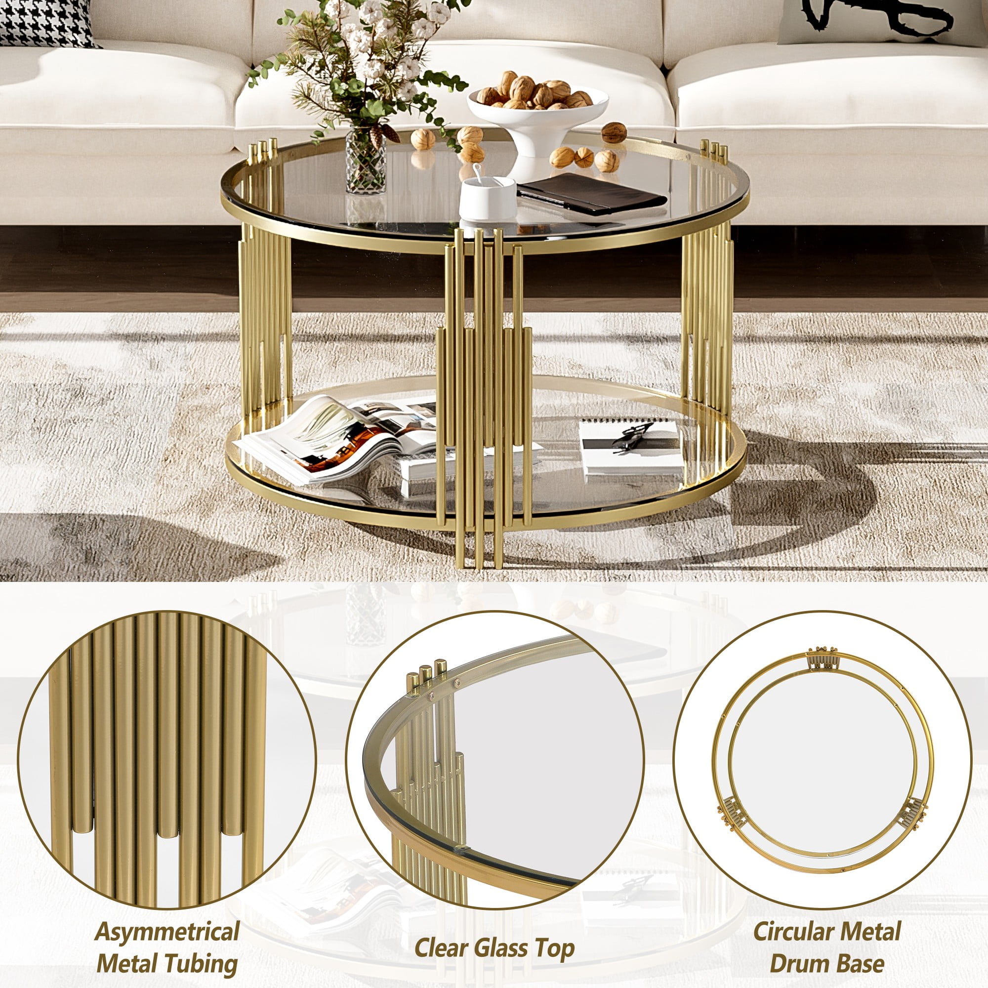 Aukfa Modern Round Tempered Glass Coffee Table, 2-Tier Center Table with Golden Metal Frame for Living Room, Transparent