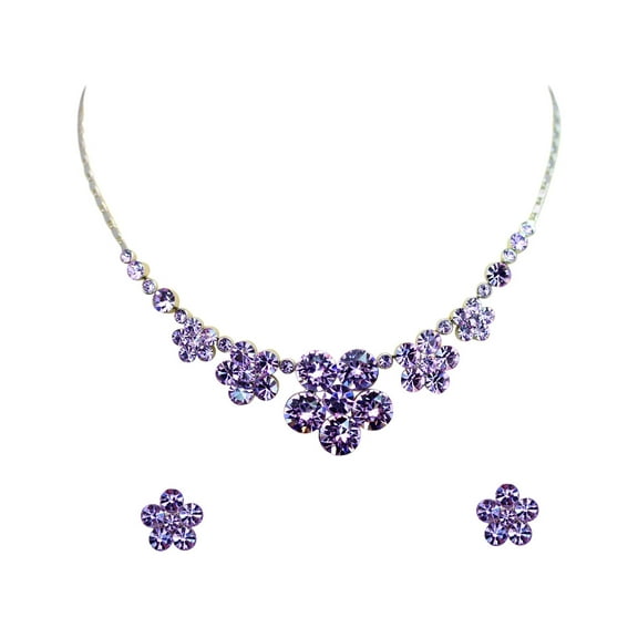 Faship Gorgeous Violet Light Purple Crystal Floral Necklace Earrings Set