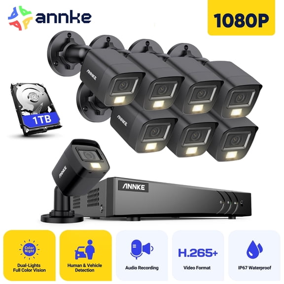 ANNKE 3K Lite Wired Security Camera System Outdoor with AI Human/Vehicle Detection, 8CH H.265  DVR and 8 x 1920TVL 2MP IP67 Home CCTV Cameras with Smart Dual Light, Color Night Vision，1TB Hard Drive