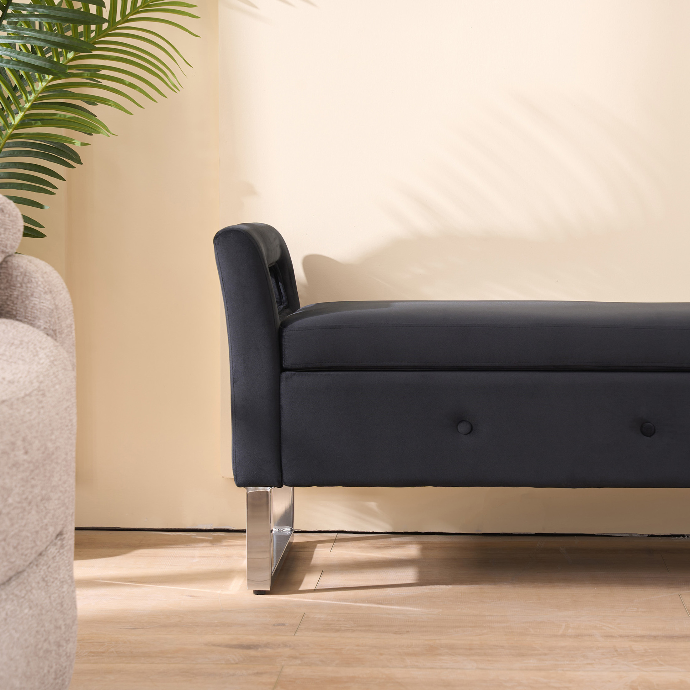Noble House Solen 68" Velvet Storage Bench, Upholstered Entryway Bed-End Seat with Hidden Compartment, Black