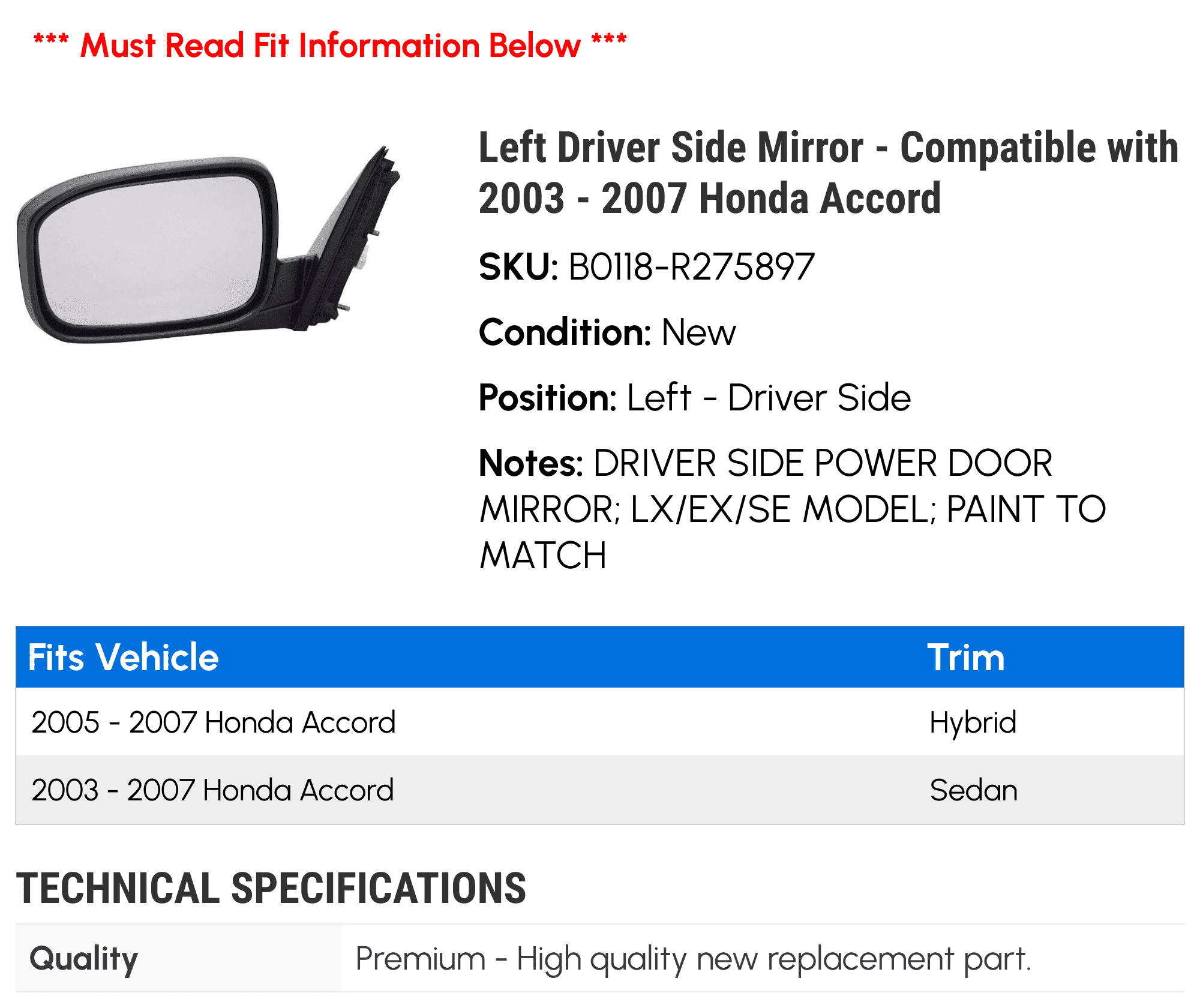 Left Driver Side Mirror - Compatible with 2003 - 2007 Honda Accord 2004 2005 2006