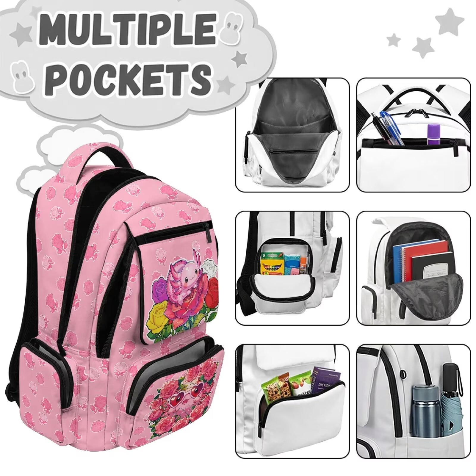Mochilas Axolotl con flores de rosa para niñas, casuales y portátiles, bolsos escolares de 17 pulgadas, mochilas de hombro con cierre y transpirables para estudiantes 7