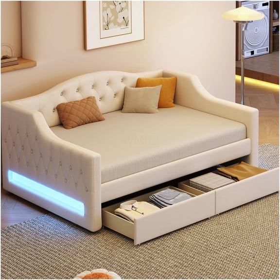 Twin XL Size Daybed with LED Lights, 2 Drawers, Upholstered in Beige, No Box Spring