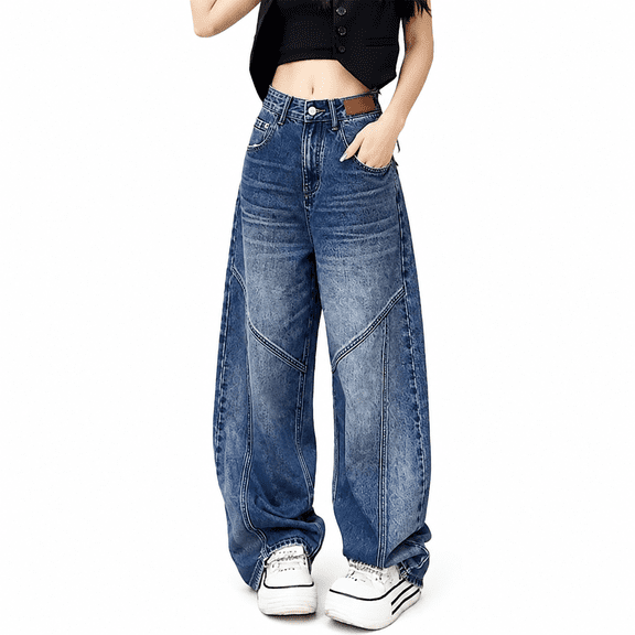 Womens Barrel Jeans Wide Leg Y2K Boyfriend Denim Pants Hip Hop Vintage Baggy Jeans Cotton High Waist Pants-L
