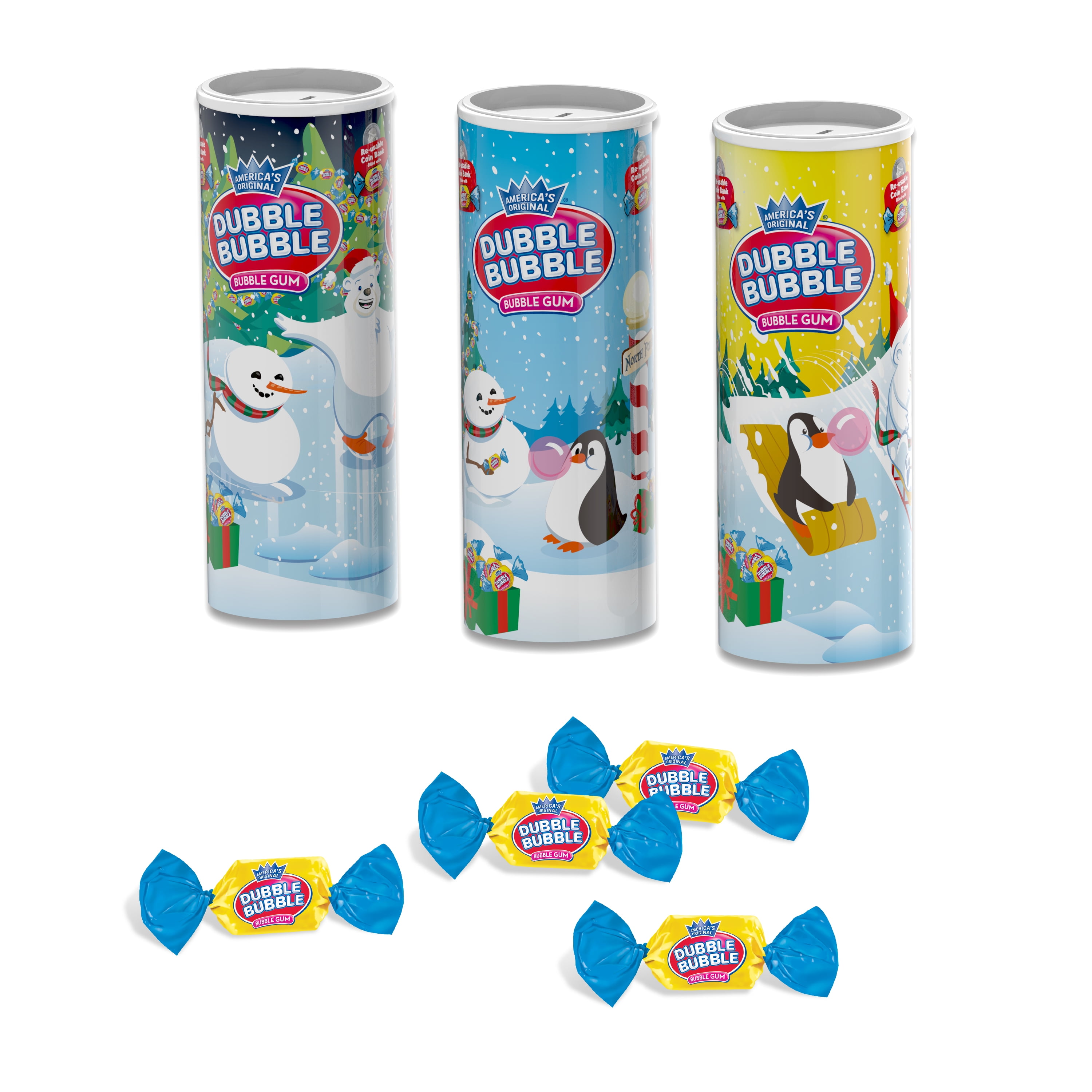 (3 pack) Dubble Bubble Holiday Bank Chewing Gum, Individually Wrapped, 4.66 oz, Gluten Free, Peanut Free