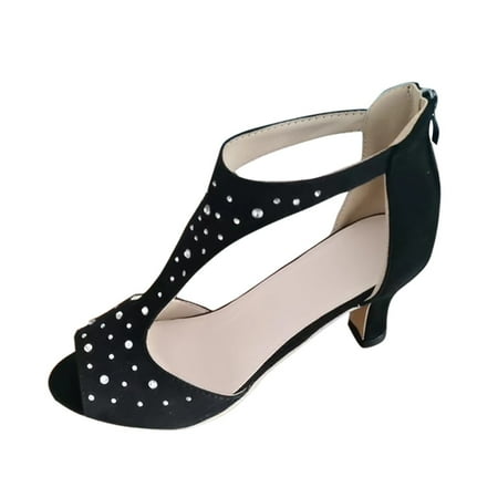 

Womens Sandals Women s Summer Simple Rhinestone Back Zipper Bag with Fish Mouth Sandals Side Hollowed Out Skinny Heel Roman Sandals Orthopedic Sandals for Women(Color:Black Size:US 9)