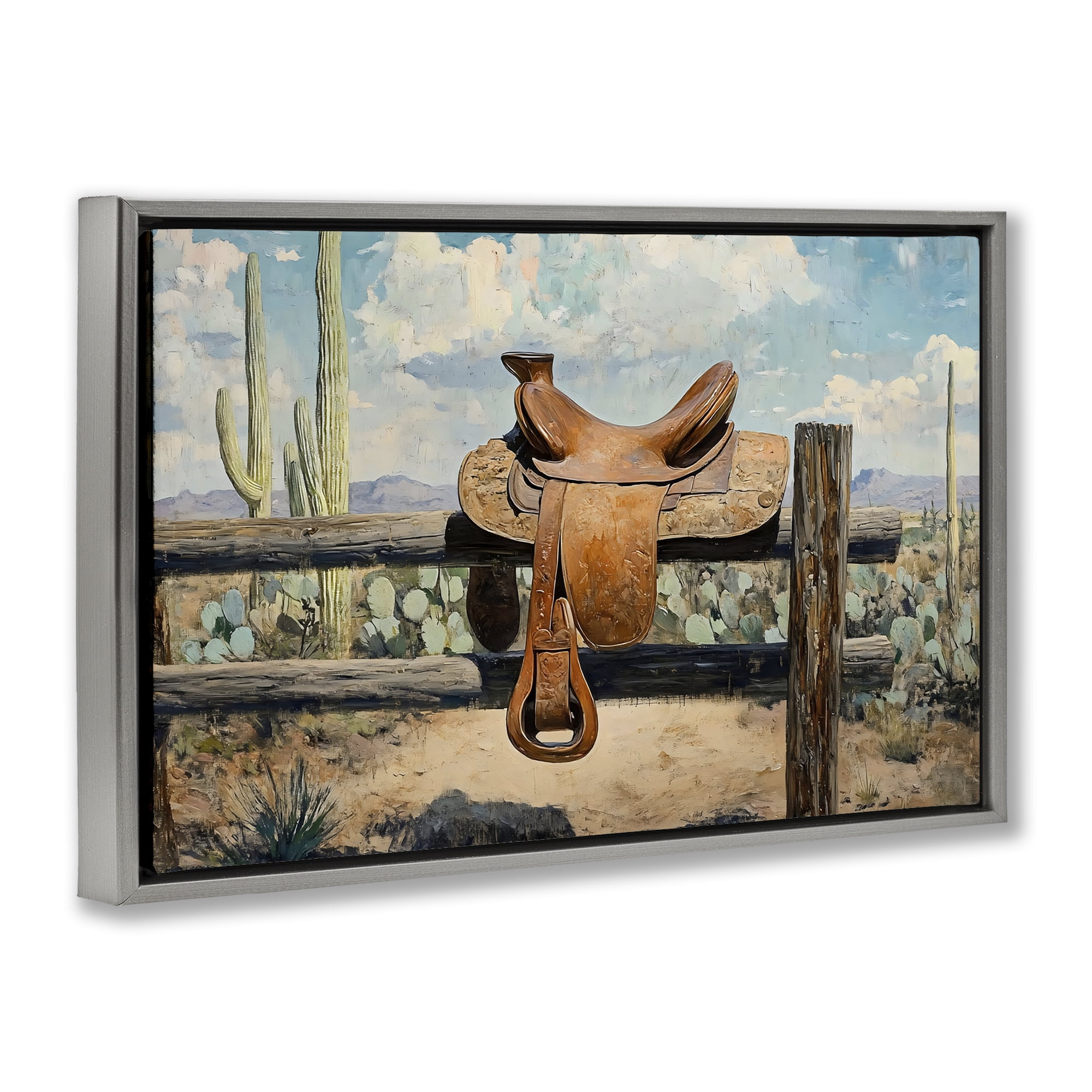 Stupell Industries Saddle on Desert Fence Gray Framed Floater Canvas Wall Art, design by Franklyn Gregory