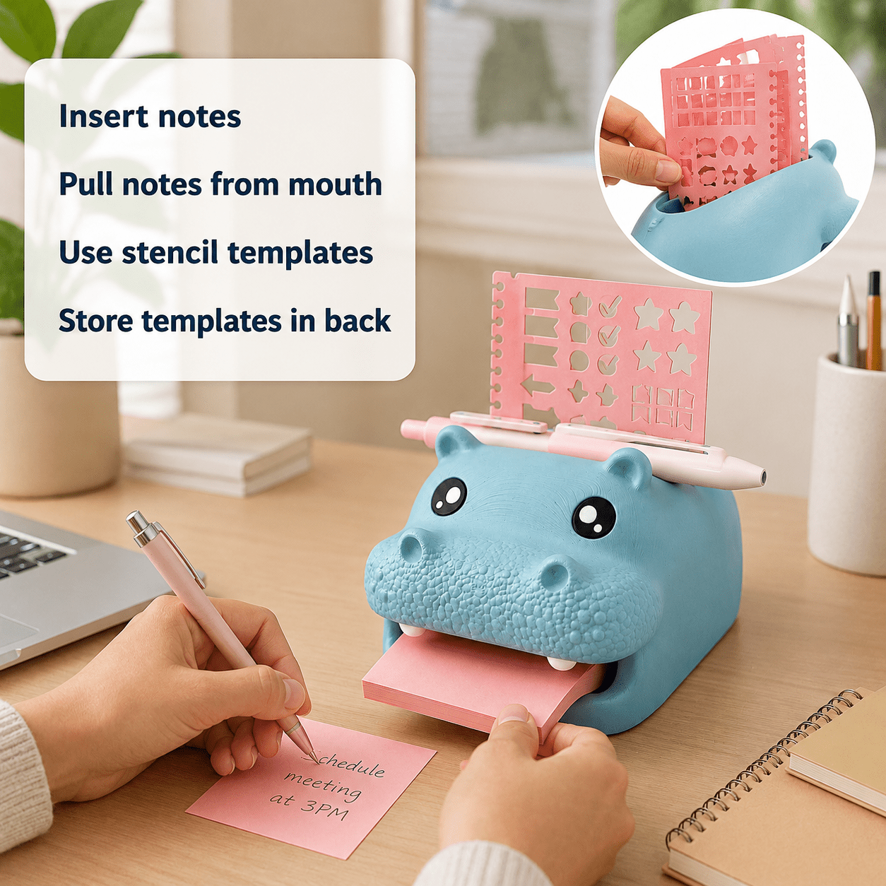 Highland Cow Note Holder, Sticky Note Holder and Dispenser with Stencil Set, Cute Desk Hippo-Campus Organizer with Pen Holder and Photo Slot, Compatible with Post It Notes, Fun Office Desk Accessory