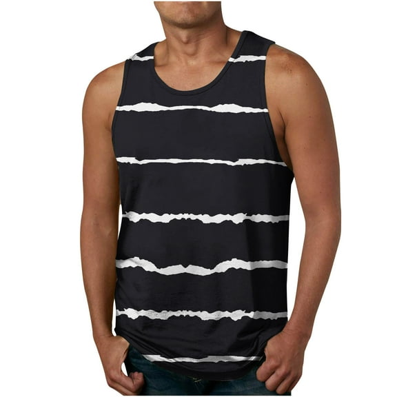 ZCFZJW Striped Print Tank Top for Men Casual Summer Sleeveless Round Neck Graphic Tee Shirt Trendy Regular Fit Beach Hawaiian Tshirt Tops Black XL