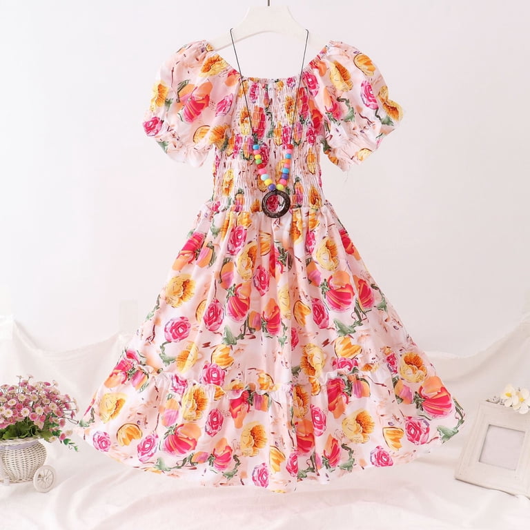 Otqutp European Summer Big Girl Slip On Dress Beach Ethnic Cotton Silk Bohemia Dress Children's Sleeveless Dress Floral Princess Toddler Girl Clothes(
