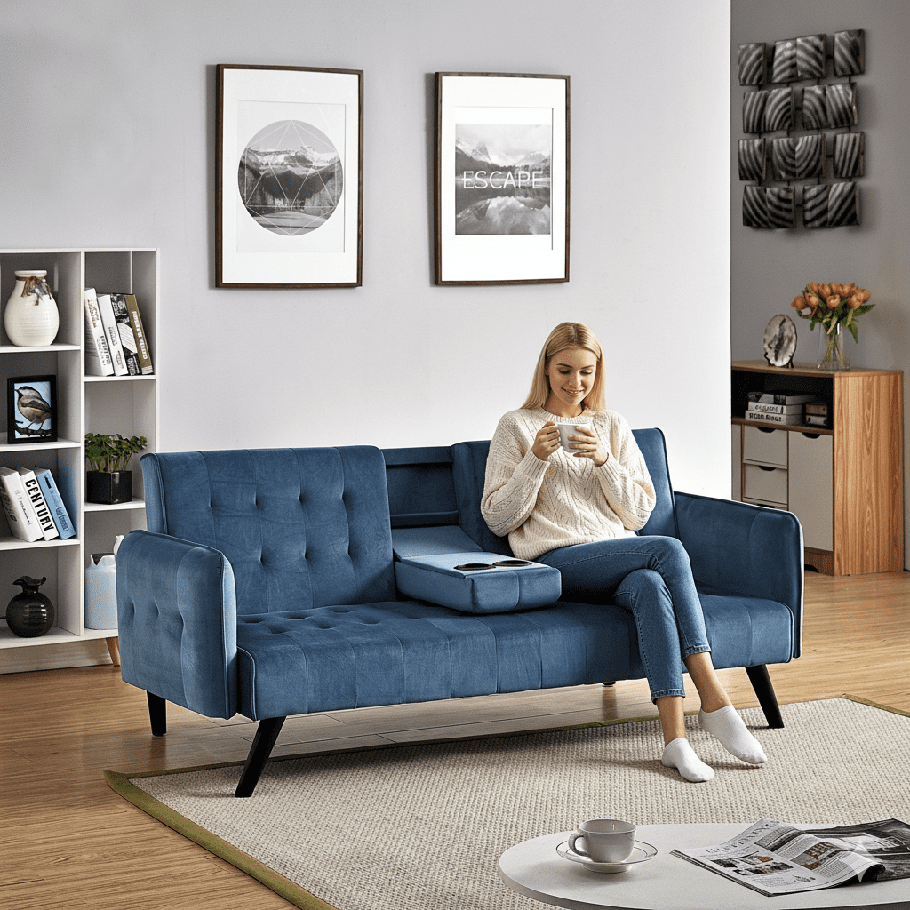 Gewnee 72" Convertible Sofa Bed,Tufted Velvet 3‑Seater Folding Futon Sleeper Couch with Cup Holders,Modern Couch for Home and Guest Room，Dark Blue