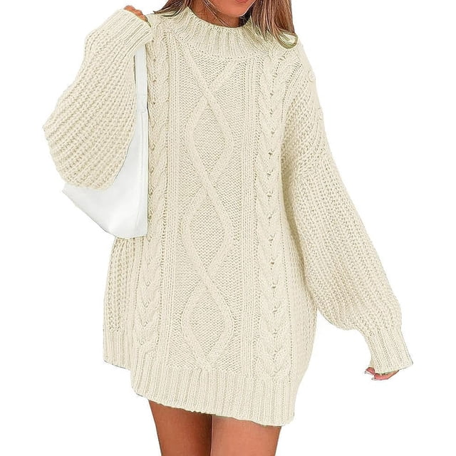 Women's Crewneck Oversized Pullover 2023 Fall Cable Knit Long Sleeve Chunky Short Sweaters Dresses