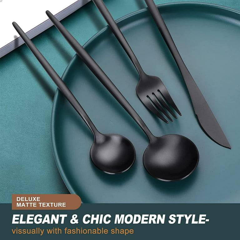 48-Piece Matte Black Silverware Set with Steak Knives, Black