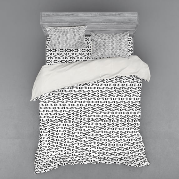 Ambesonne Animal Bedding Set 4 Pcs, Abstract Fish Retro Art, Queen, Black and White