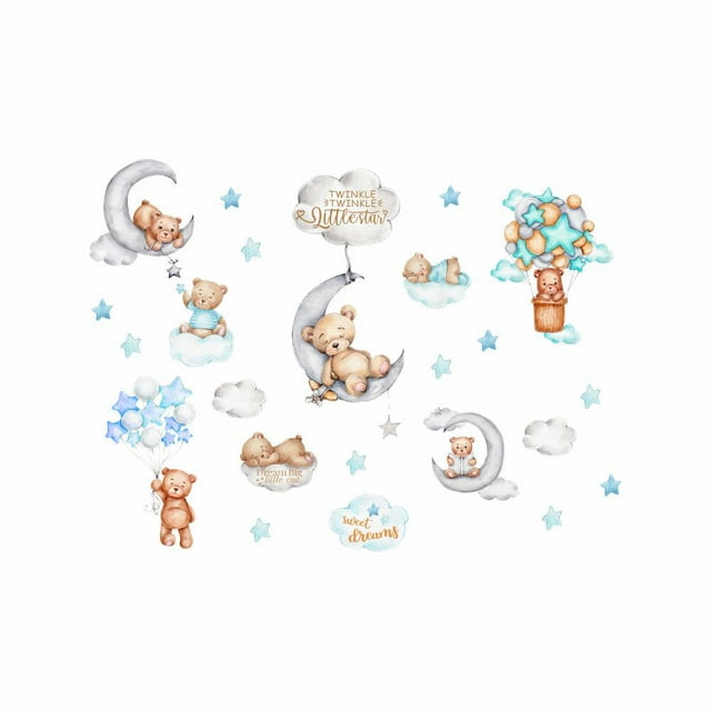 Pegatinas de pared para niños, osito durmiendo, globo, animales, luna, estrella, decoración de pared, habitación de niños, guardería, sala de estar